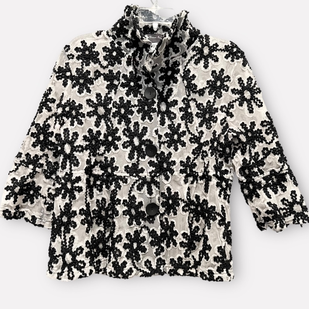 Vintage Black & Cream Embroidered Flower Jacket on Mesh by Jacket Damee Inc